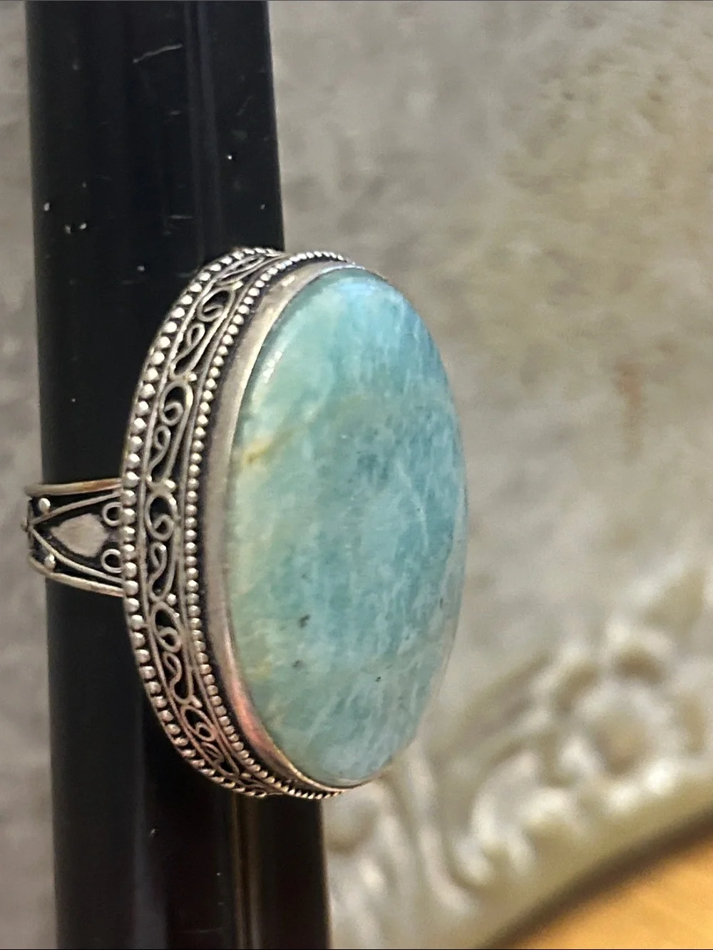 Silver Oval Statement Ring - Blue-Green Stone